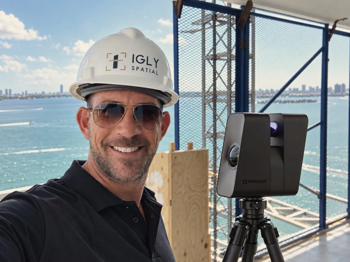 Charlie Drai in an IGLY Spatial hard hat, beside a Matterport Pro3 scanner on a building overlooking the bay in Miami
