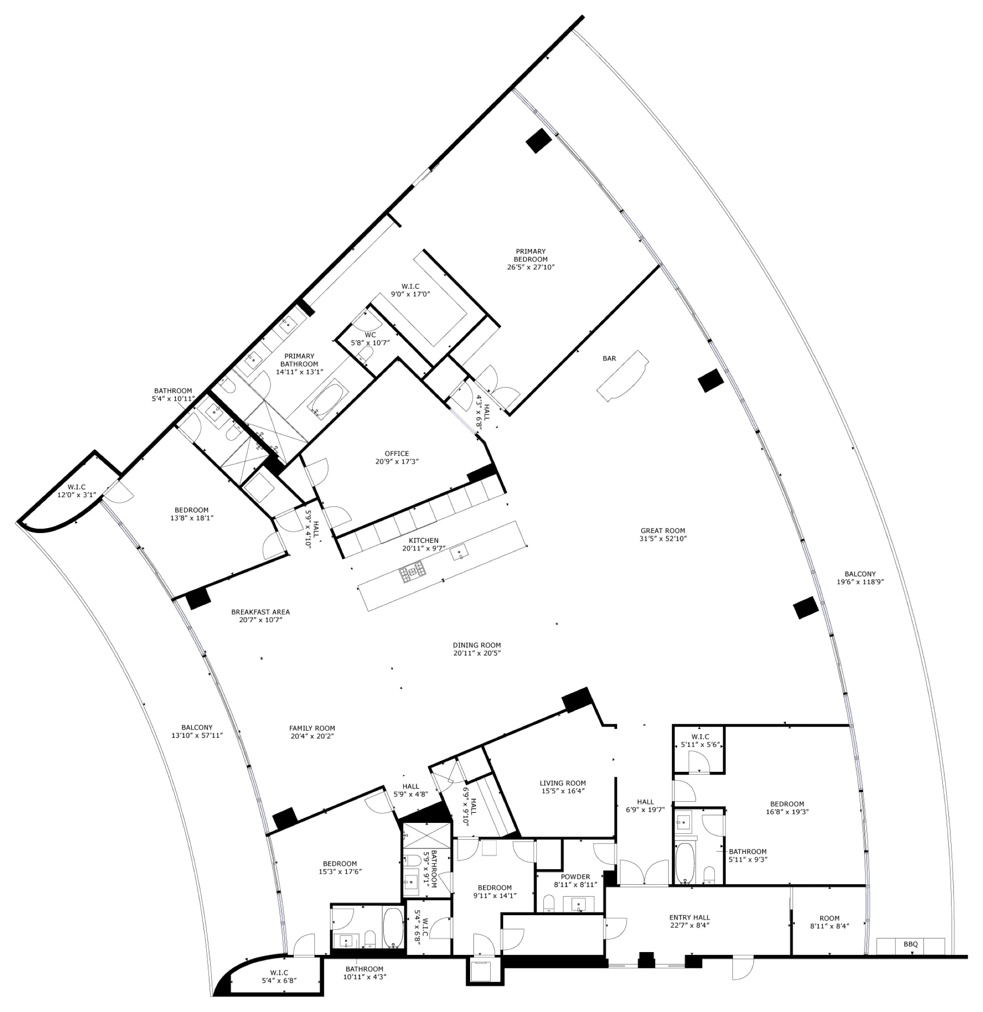 Schematic floor plan of a luxury penthouse, with every room named and measured