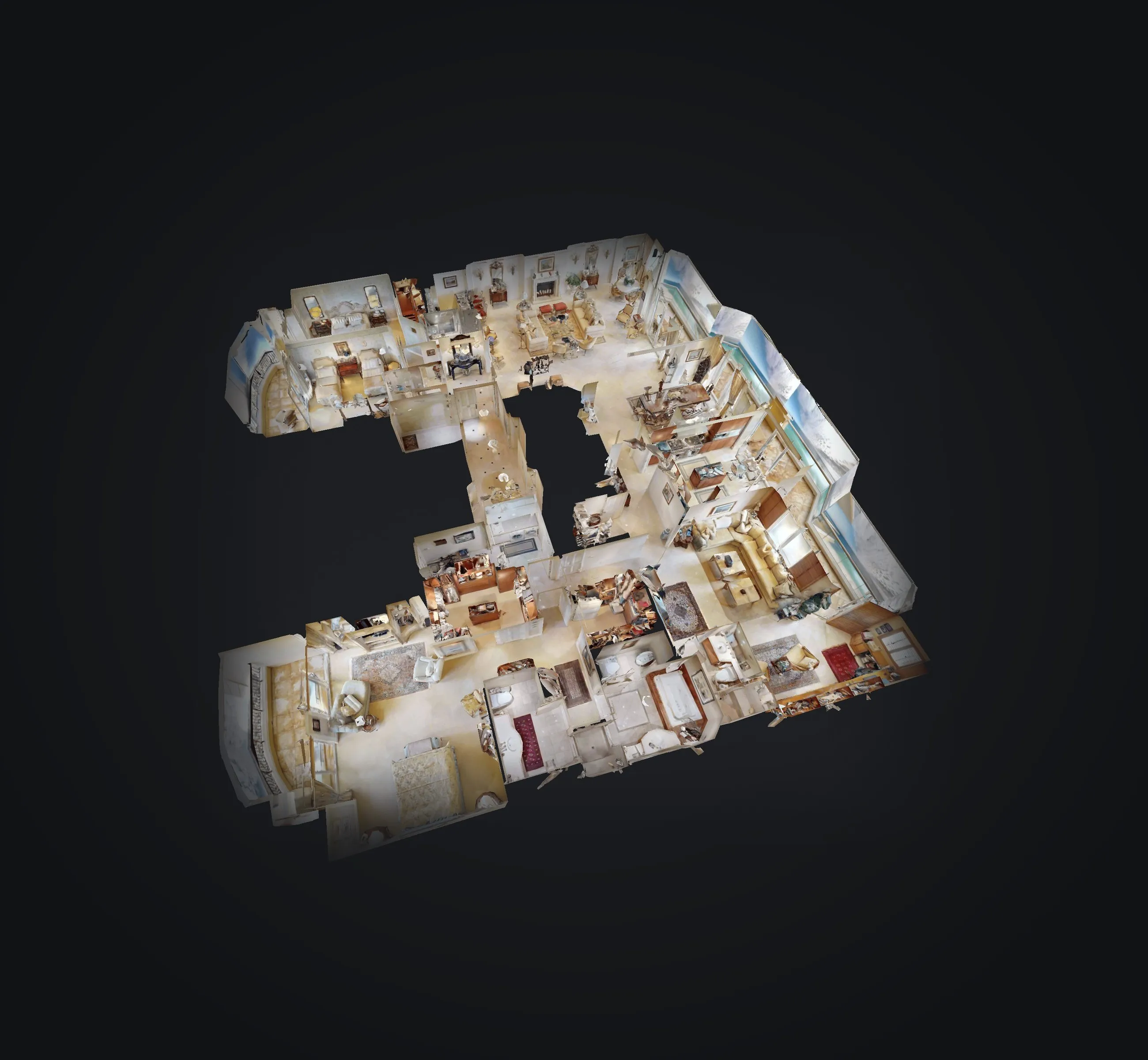 3D model of an entire oceanfront luxury condo, every room visible from above
